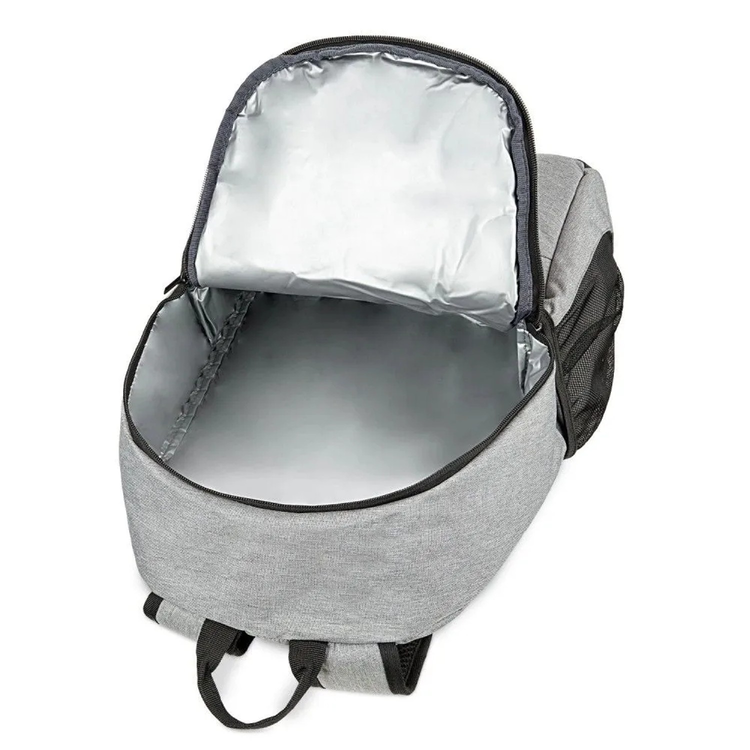 Offener, grauer Bomoe IceBreezer Kühlrucksack (25L) mit Thermofutter. Ideal für den Transport von kalten Speisen und Getränken.