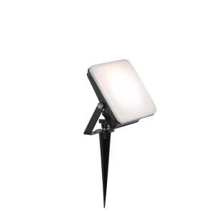 Schwarzer QAZQA Smarter Strahler Ruud mit Erdspieß, LED RGB, IP65 für Garten & Außenbereiche.