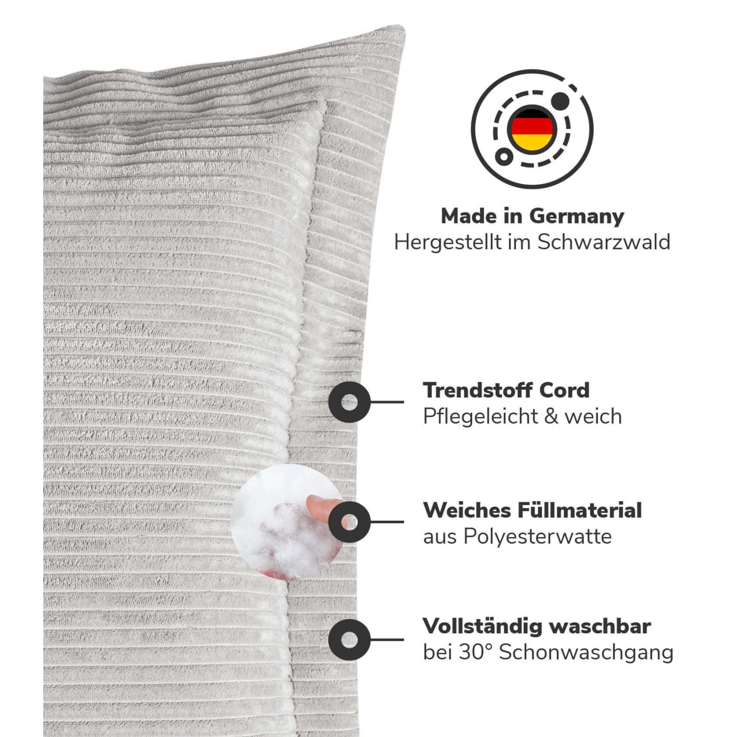 Graues mokebo Sofakissen "Das Wölkchen" aus Cord, geeignet als Couch- und Dekokissen.