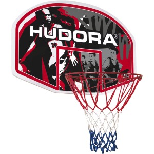 Hudora Basketballkorbset für In- & Outdoor: Brett mit Korb und Netz in rot, weiß, blau.