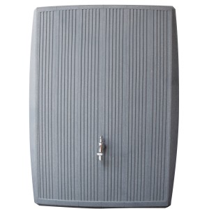 Arves Regentonne Concrete 200 l in Betongrau mit Wasserhahn und gerillter Oberfläche.