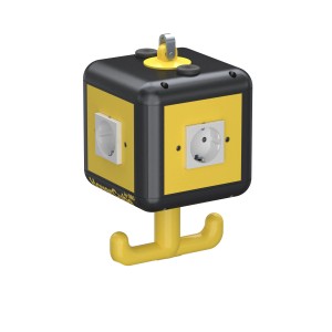 OBO Bettermann HoverCube, schwarz-gelb, mit 4 Steckdosen, Aufhängeöse und Griffhaken für Elektroinstallation.