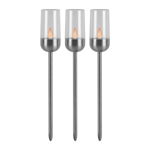 3er Set LED-Solarspieße in Edelstahl-Optik mit Kerzenflammeneffekt für stimmungsvolle Gartenbeleuchtung.
