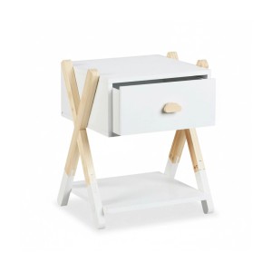 Weißer Kindernachttisch aus Holz mit Naturholzbeinen im X-Design, Schublade mit Wolkengriff und Ablage.