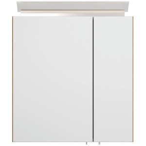 Weißer Posseik Spiegelschrank 60 cm mit 2 Spiegeltüren, Eiche Gold Rahmen und LED-Lampe.