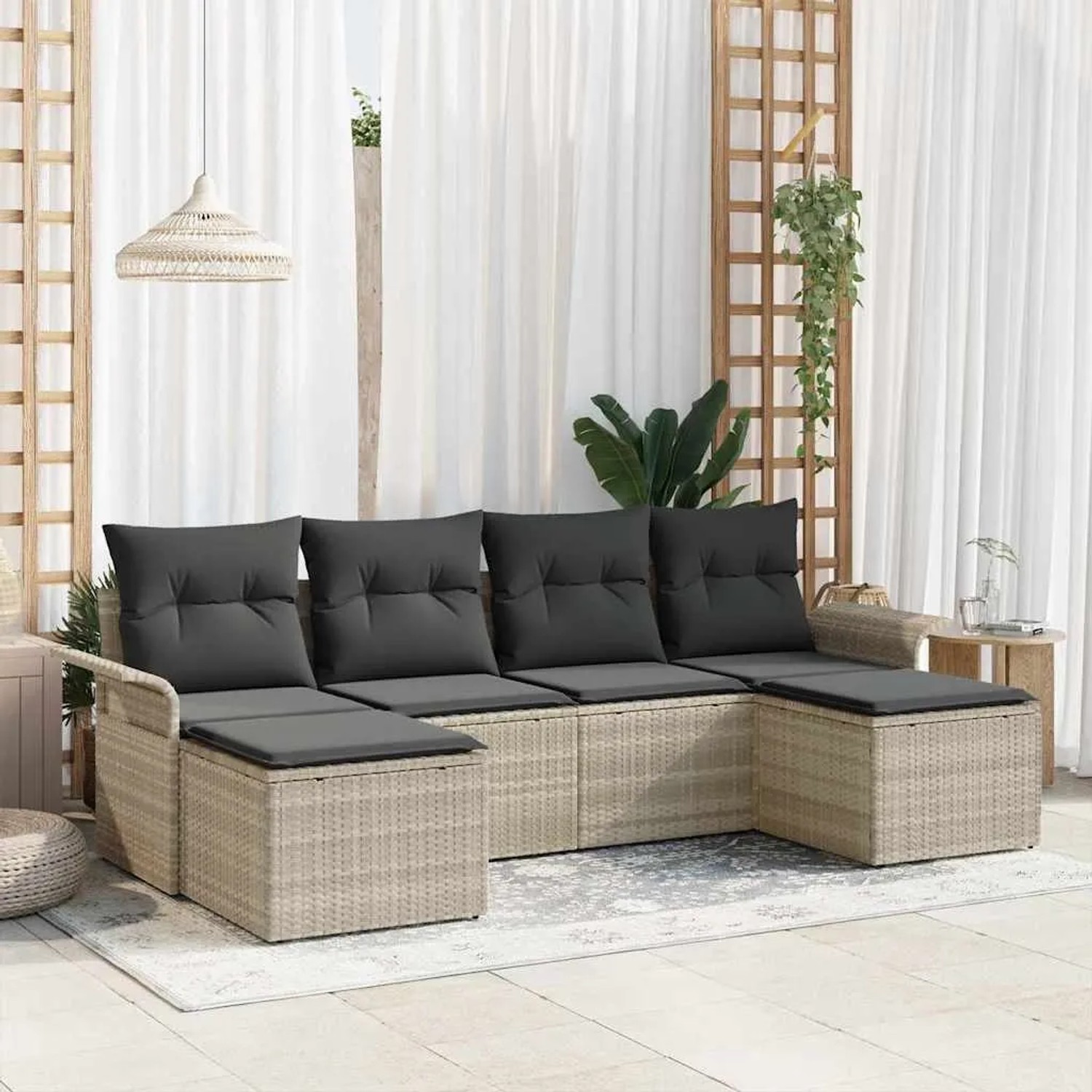 Hellgraues 6-teiliges Garten-Sofa-Set aus Poly Rattan mit Kissen von vidaXL.