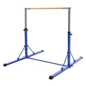 Blaues, faltbares Hauki Gymnastik Turnreck mit silbernen Stützen und Holzstange. Höhenverstellbar für Kinder, Spiel & Spaß.