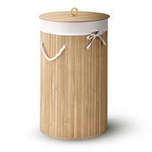 Runder Juskys Bambus Wäschekorb Curly Round Natur mit Deckel, Wäschesack und Tragegriffen.
