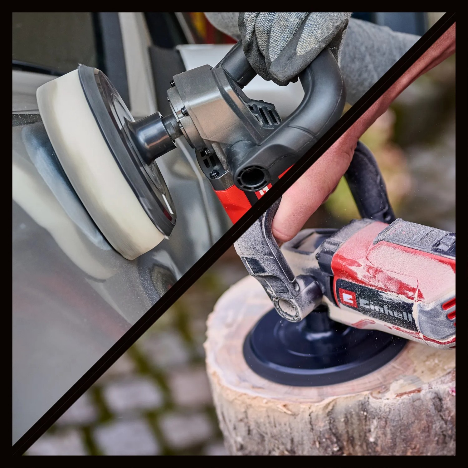 Einhell CC-PO 1100/150 CE Poliermaschine beim Polieren eines Autos und Schleifen von Holz.