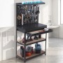 Schwarze Stahl-Werkbank mit MDF-Arbeitsplatte, Lochwand, Schublade und Ablagen für Werkzeug. Ideal für Werkstatt & Garage.
