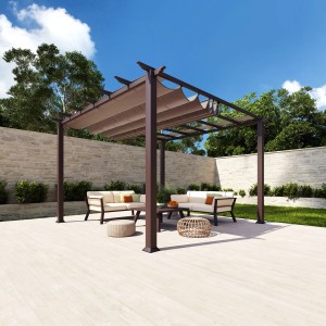 Pavillon Pergola Gazebo Florida Cocoa mit Sonnensegel und Sitzgruppe im Garten.