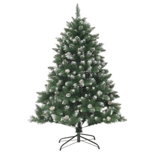 Künstlicher, beschneiter Weihnachtsbaum (150 cm) mit Zapfen und Ständer.