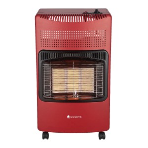 Roter Juskys Gasheizer GS42US mobil mit Rollen, Heizgitter und Bedienknopf. Kompakte Gasheizung.
