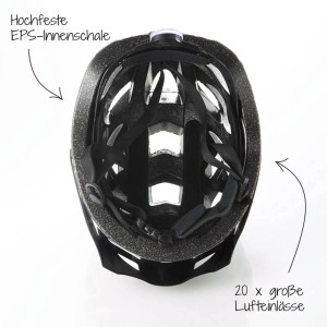 Innenansicht: Schwarzer Fischer Fahrradhelm Urban Lano Gr. S/M mit EPS-Innenschale und Belüftungslöchern.