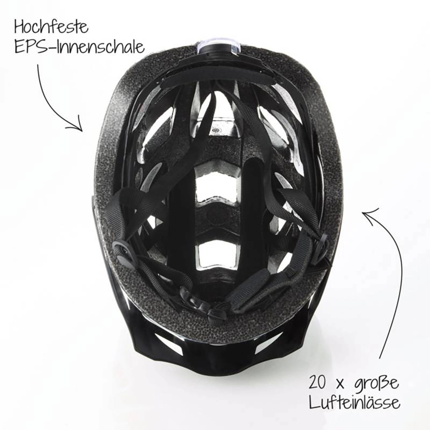 Innenansicht: Schwarzer Fischer Fahrradhelm Urban Lano Gr. S/M mit EPS-Innenschale und Belüftungslöchern.