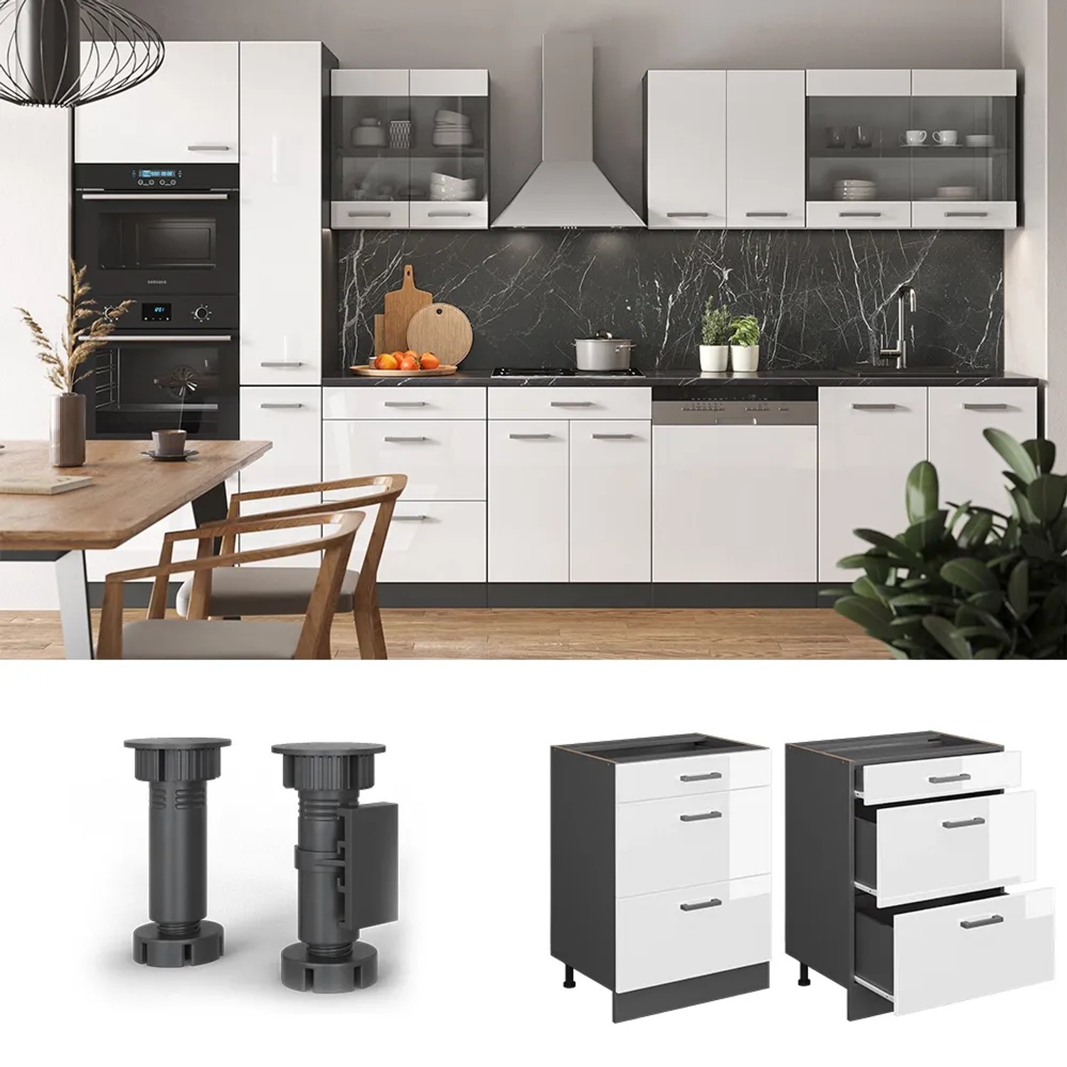 Vicco Küchenunterschrank R-Line, weiß hochglanz/anthrazit, 60 cm mit Schubladen und AP Eiche Dekor.