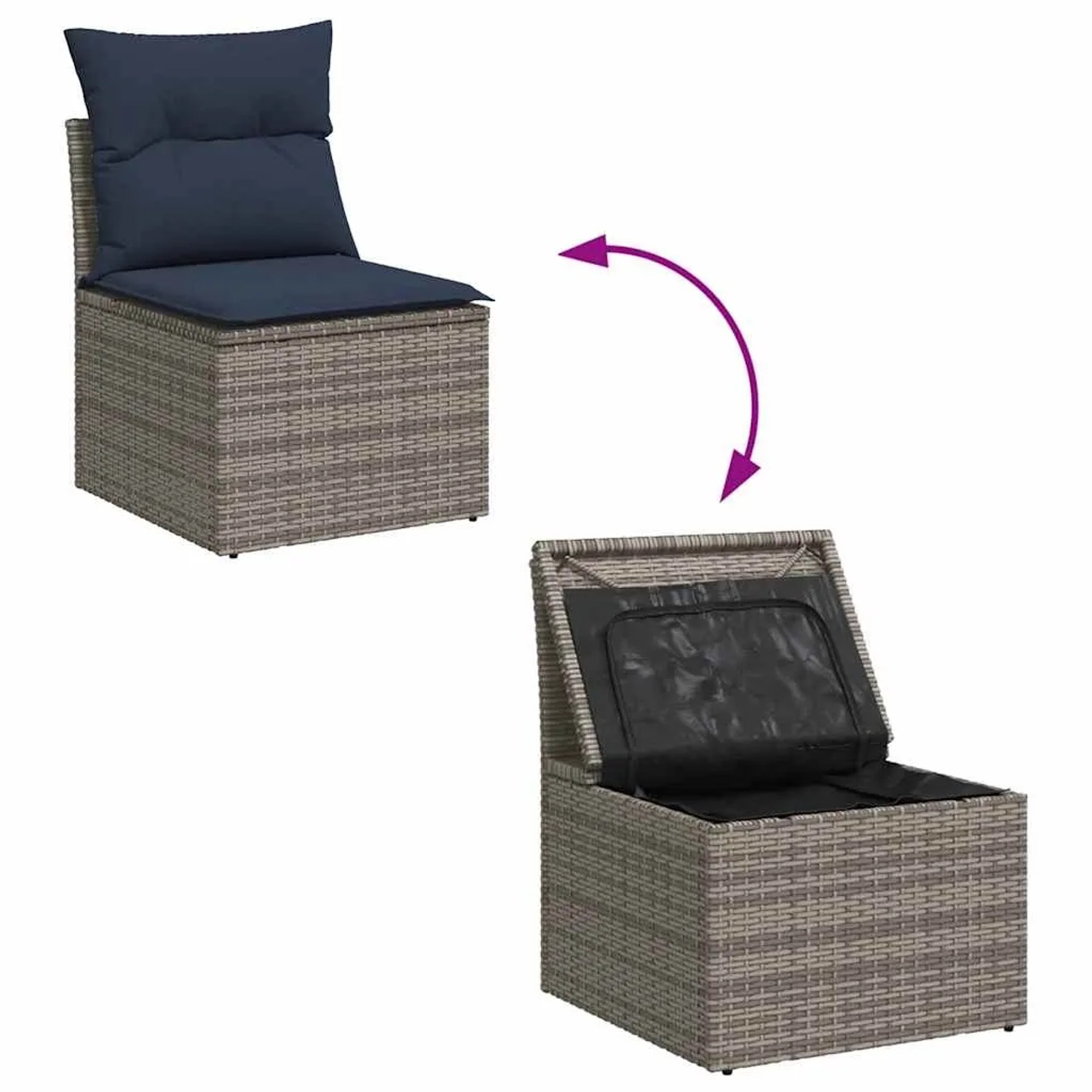 Graue vidaXL Garten-Sofagarnitur aus Rattan mit Kissen und Stauraum unter der Sitzfläche.