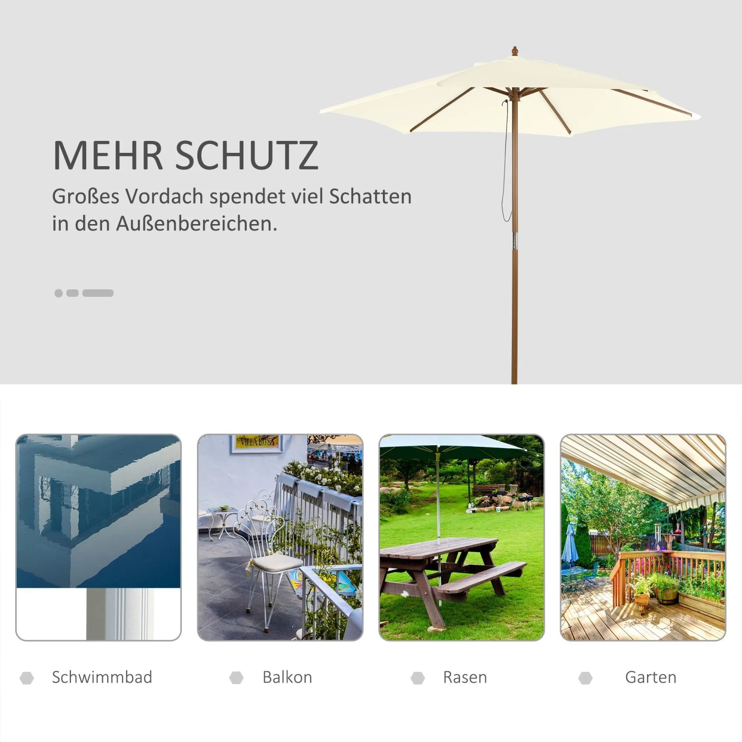 Weißer Furnicato Sonnenschirm Bambus Ø 250 cm für Balkon & Garten.