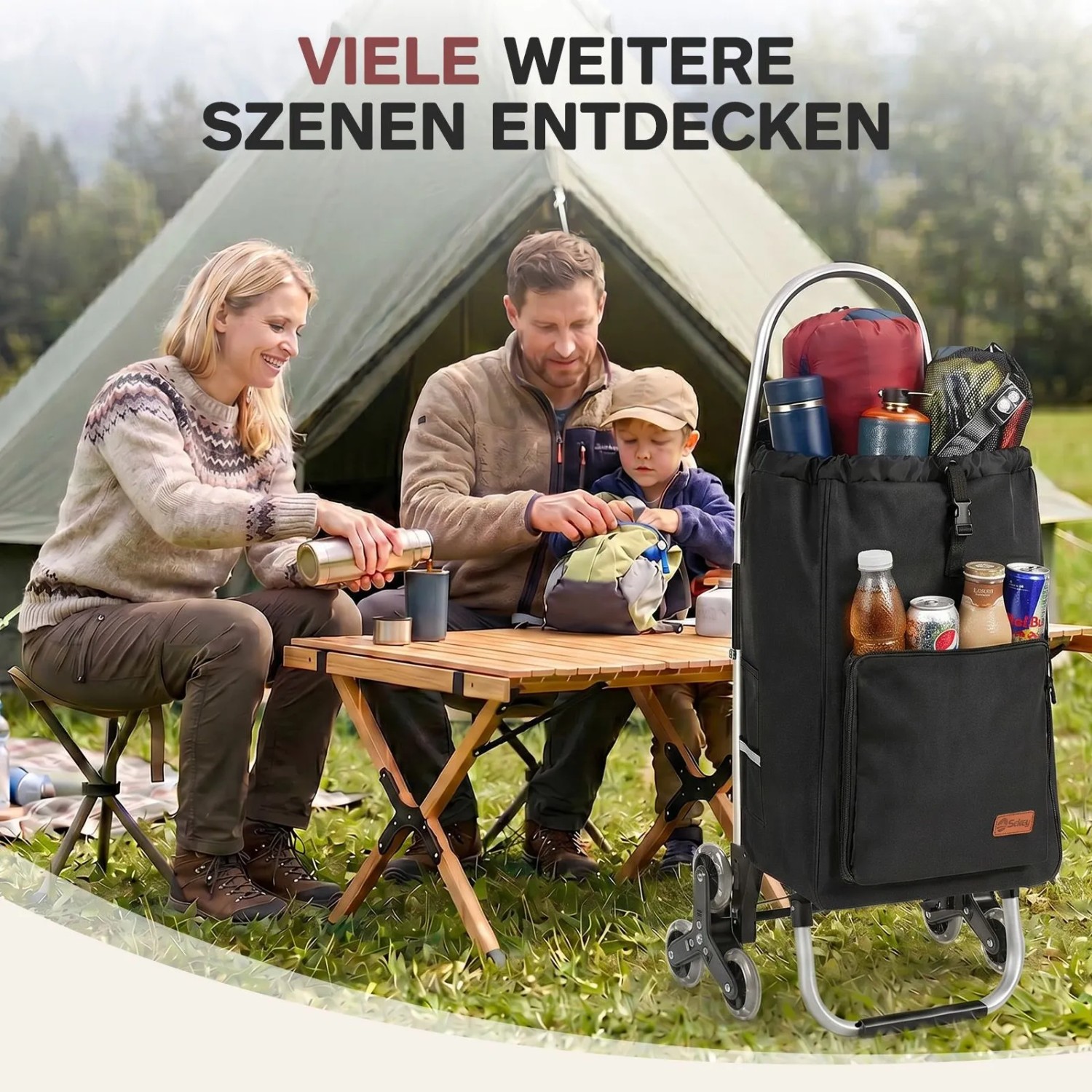 Sekey Treppensteiger Einkaufstrolley, schwarz, mit Rucksackfunktion. Ideal für Campingausflüge und Einkäufe.