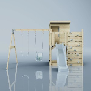 PolarPlay Spielturm Björn mit Babyschaukel und Rutsche, aus unbehandeltem Holz.