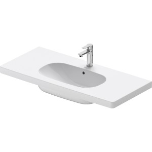 Weißes Duravit D-Code Möbelwaschbecken, 105 cm breit, mit Hahnloch und Überlauf.