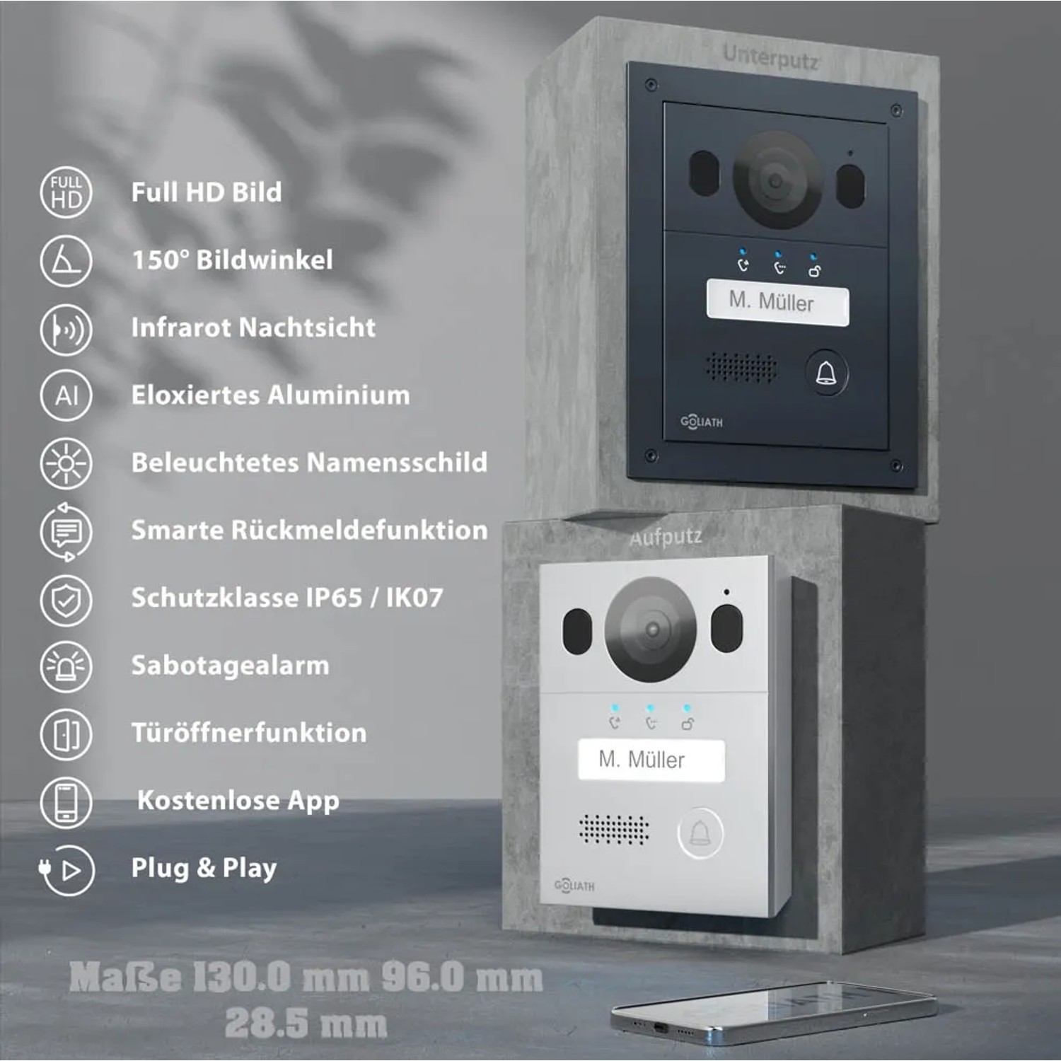 Goliath Video Türsprechanlage mit 2 Monitoren, Aufputz- und Unterputz-Option in Schwarz/Anthrazit und Silber.