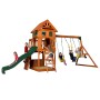 Backyard Discovery Spielturm Atlantic mit Rutsche, Schaukel und Kletterwand. Kinder spielen im Garten.