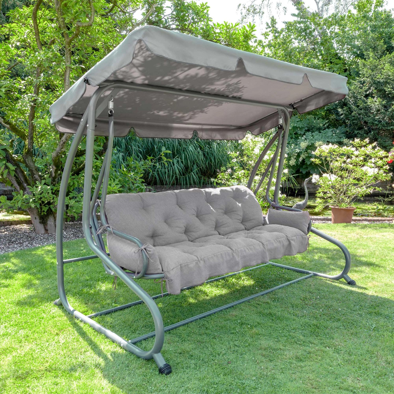 Hellgraue Beautissu Hollywoodschaukelauflage Flair HS 180x50x8cm mit Kissen für 3-Sitzer Schaukel.