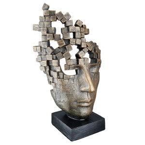 Gilde Skulptur Male Mask aus bronzefarbenem Kunstharz mit Antikfinish. Abstraktes, fragmentiertes Gesicht auf schwarzer Base, 30 cm.