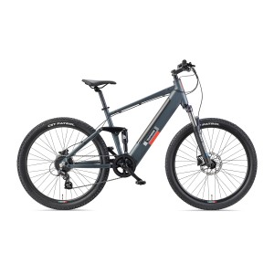 Graues Telefunken E-Mountainbike Fully, 27,5 Zoll, mit Hinterradmotor und 8 Gängen.
