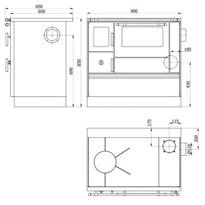 Technische Zeichnung des weißen Westminster Küchenherd K76F-90 mit Maßen.