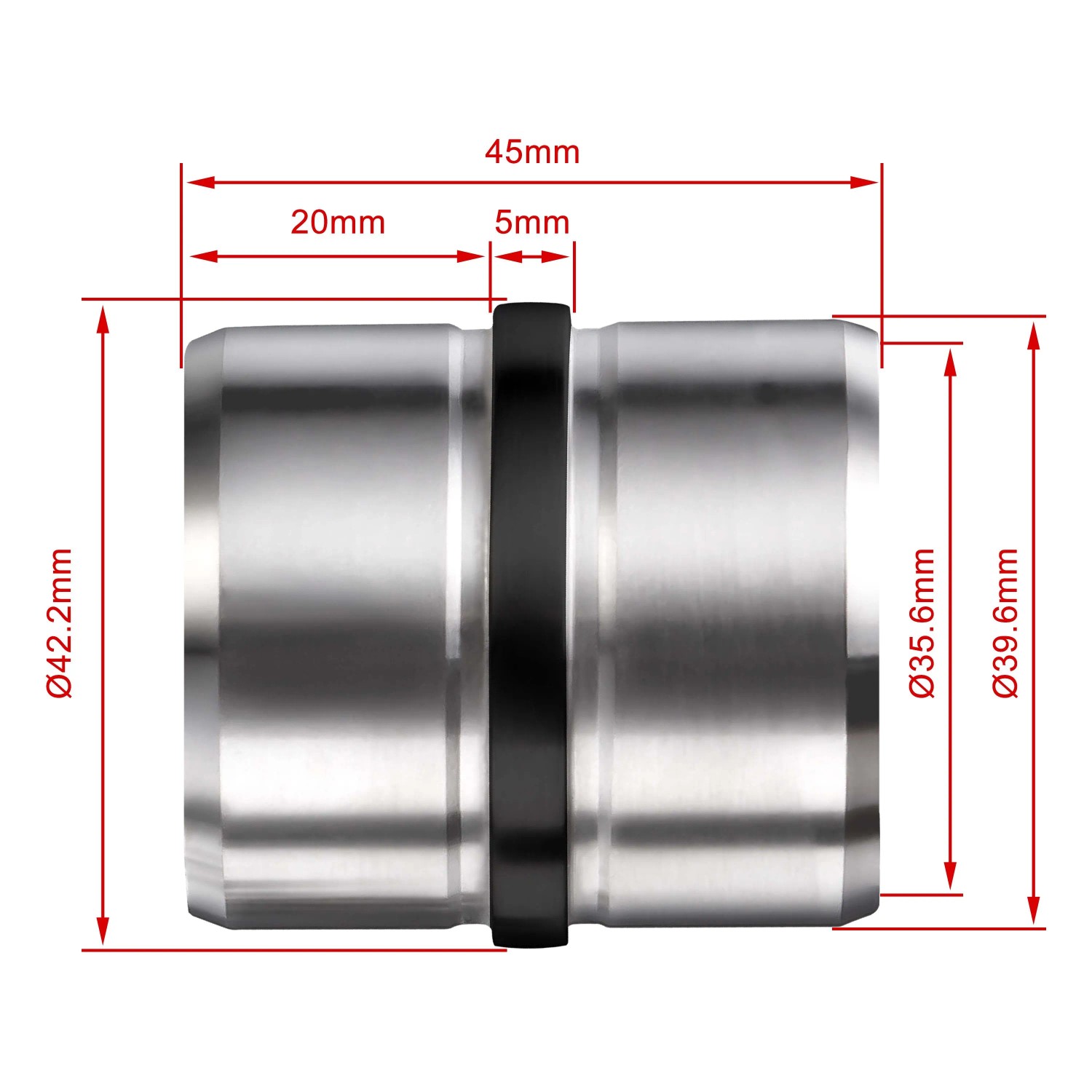 Technisches Diagramm des AICA Handlaufverbinders aus Edelstahl. Zeigt Durchmesser 42,2 mm und Länge 45 mm.