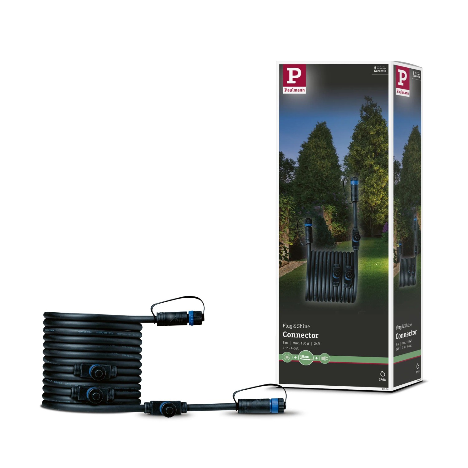 Paulmann Plug & Shine Verbindungskabel, 5m, mit 4 Ausgängen, schwarz, für Außenbeleuchtungssysteme.