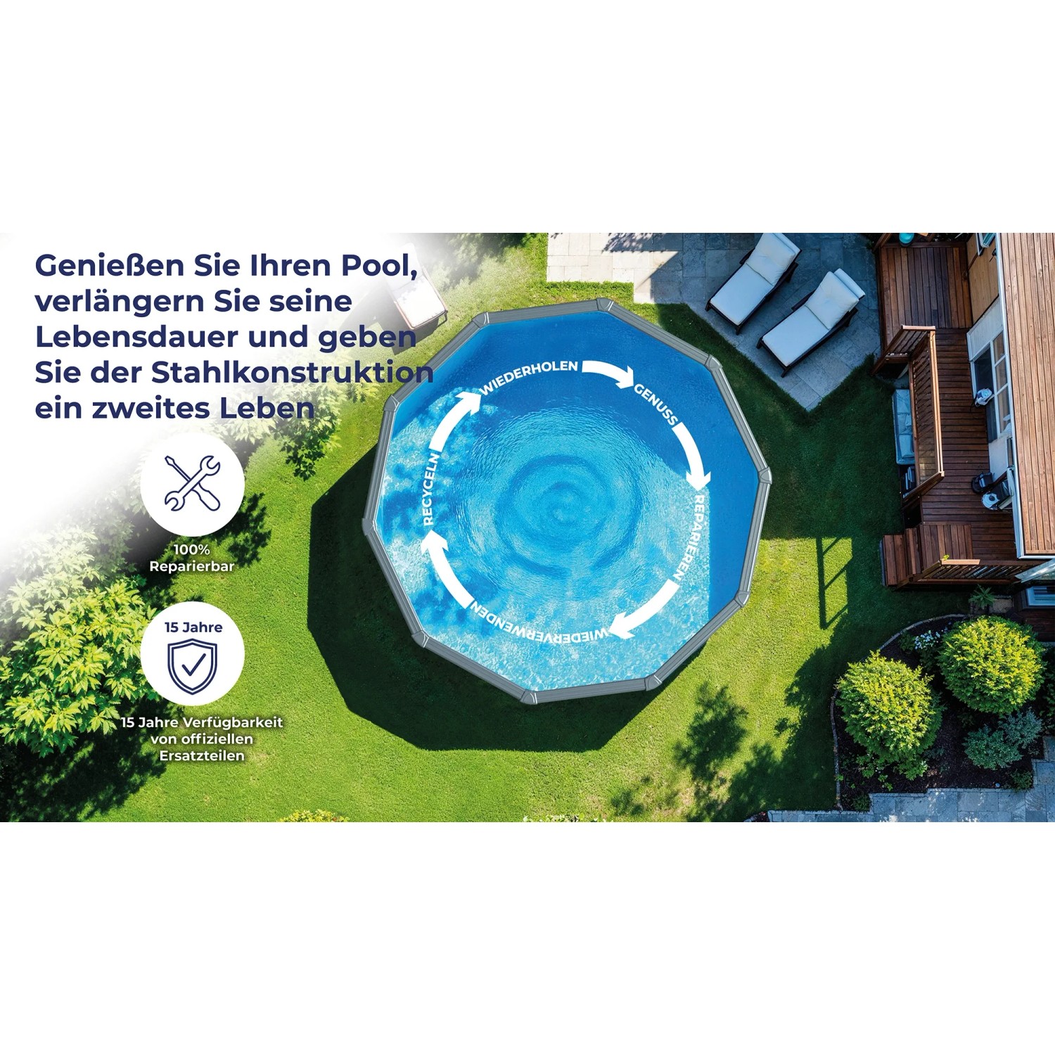 Ovaler Gre Pool Amazonia mit Holzoptik, Aufstellpool im Garten, umgeben von Grün.