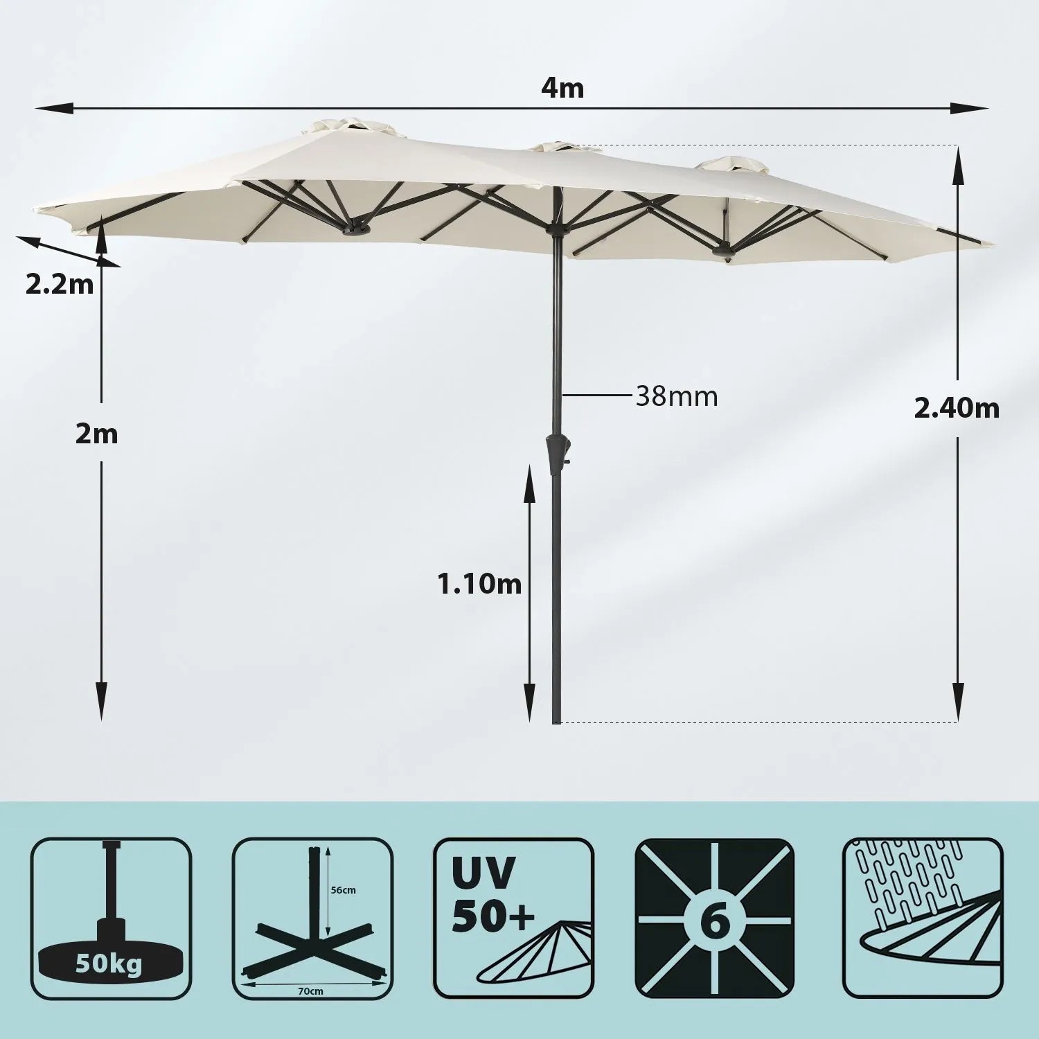 Sekey Doppel-Sonnenschirm 400x220 cm mit Ständer, rechteckig, beige. Ideal für Garten und Terrasse.