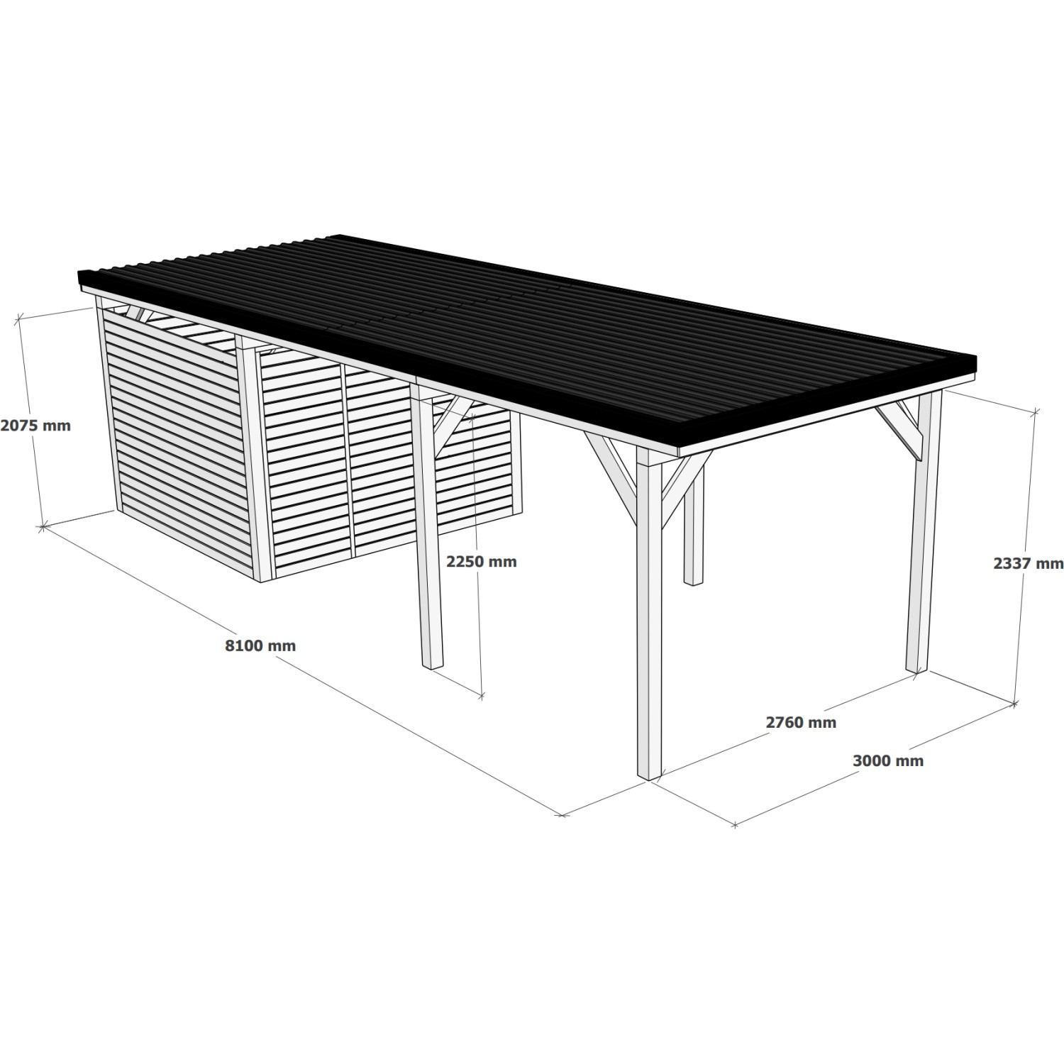 Holzbrüder Carport Ralf mit Geräteraum, reinweiß, 300x868cm, dunkelbraunes Dach.