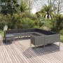 Graues 12-tlg. vidaXL Garten-Lounge-Set aus Rattan mit anthrazitfarbenen Auflagen auf Holzterrasse.