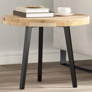 Runde Tischplatte aus hellem Akazien Massivholz, Ø50 cm, auf schwarzen Beinen. Ideal als Beistelltisch oder Couchtisch.