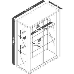 Skizze: Wandhängende Vitrine Udina mit Spiegel, 2 Glastüren, LED-Beleuchtung, Buche Dekor mit Maßangaben.