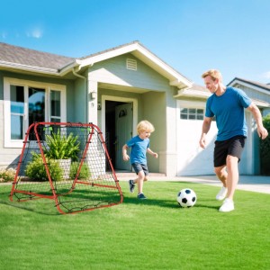 Roter HOMCOM Fußball Rebounder aus Stahl im Garten. Mann und Kind spielen Fußball. Tragbares Trainingsgerät für Spiel & Spaß.