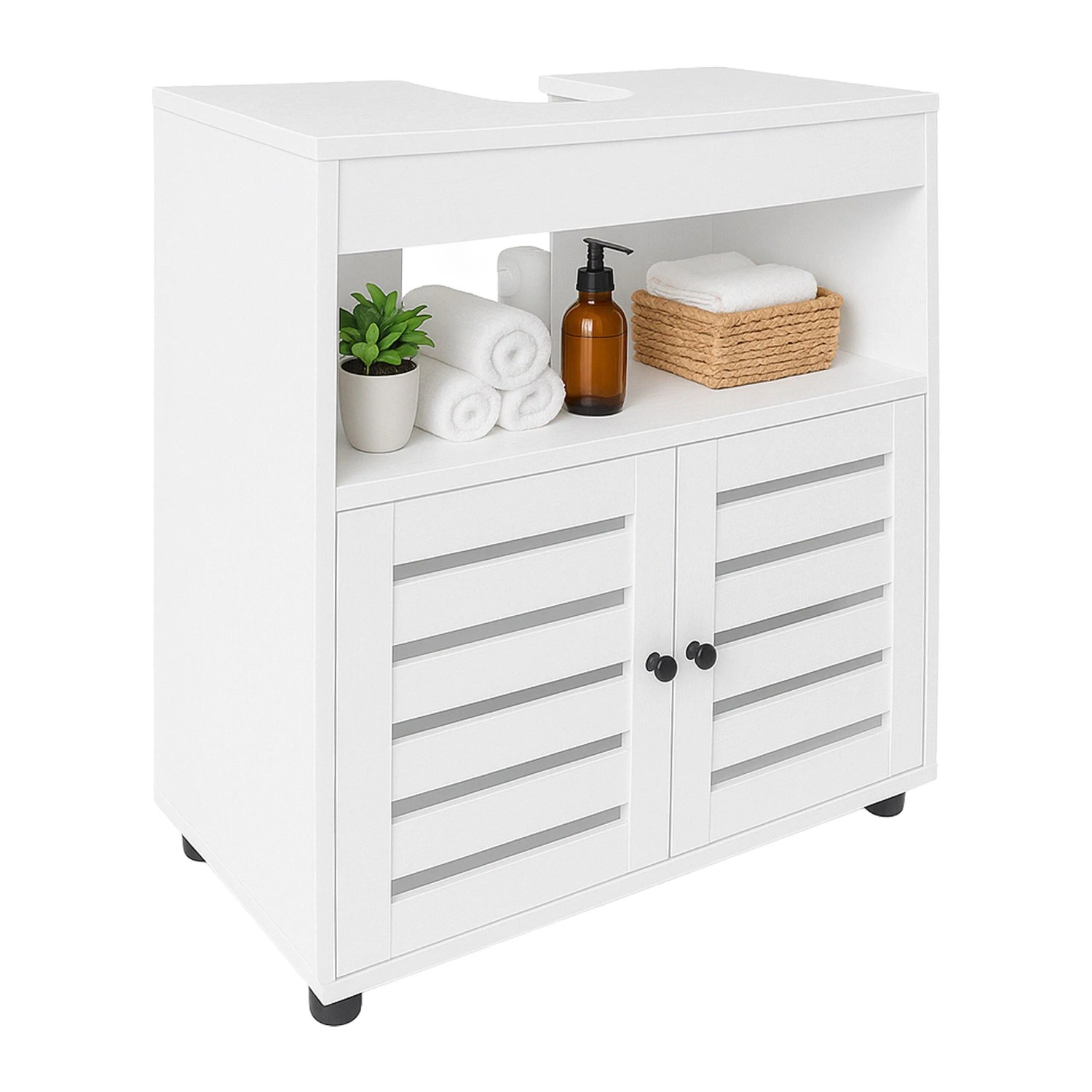 Relaxdays Waschbeckenunterschrank MDF Weiß Lamellentüren Verstellbar mit Magnetverschluss 63 cm x 60 cm x 30 cm 12 kg