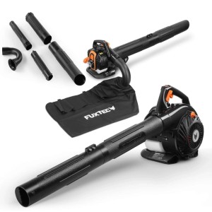 FUXTEC Profi Benzin-Laubsauger FX-LBS126P 3in1. Schwarzes Gerät mit orangefarbenen Akzenten, Fangsack & Zubehör.