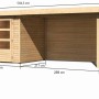 Karibu Holz-Gartenhaus Boras, naturbelassen, mit Flachdach und Anbau, Maße eingezeichnet.