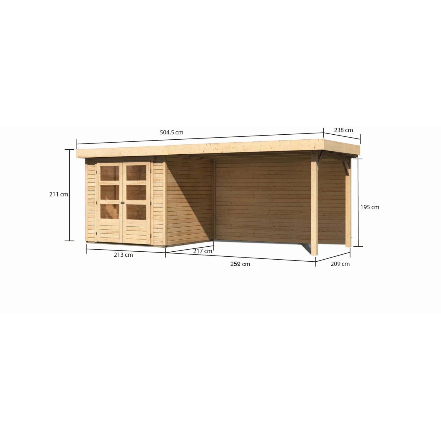 Karibu Holz-Gartenhaus Boras, naturbelassen, mit Flachdach und Anbau, Maße eingezeichnet.