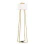 Elegante goldene Stehleuchte Gordi mit weißem Stoffschirm, Design-Akzent für Wohnräume.