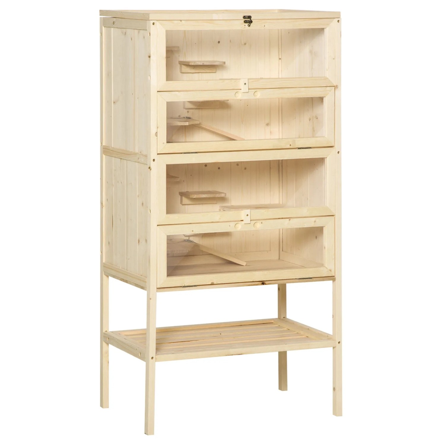 PawHut Kleintierkäfig 5 Etagen mit Gitterdach Rampen Naturholz 60 x 40 x 120 cm
