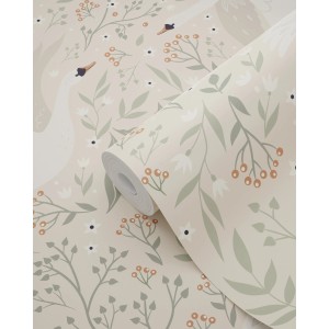 ESTAhome Vliestapete mit Schwänen, Blüten und Blättern in Beige, Weiß und Graugrün.