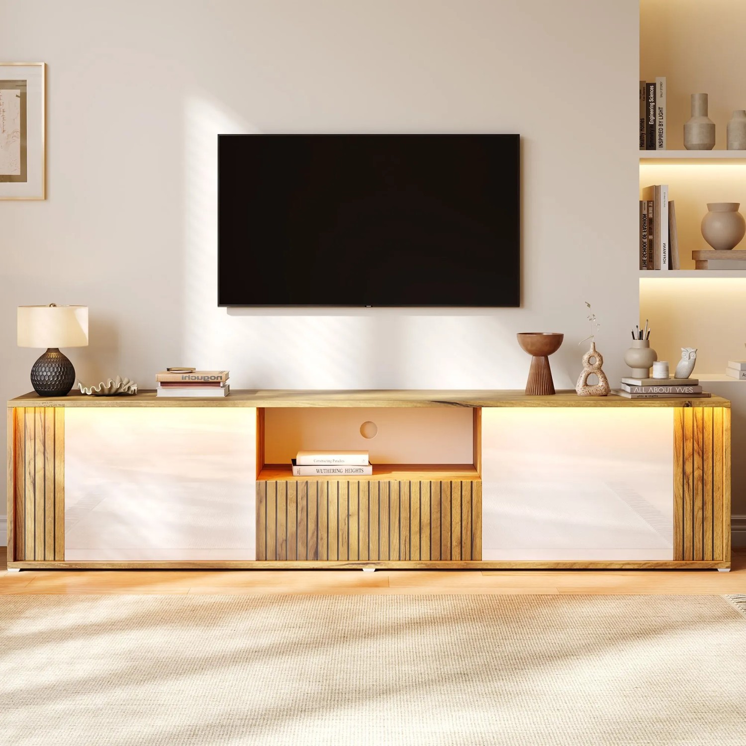 Merax TV Lowboard 180 cm LED 2 Türen 1 Schublade Weiß Holzoptik