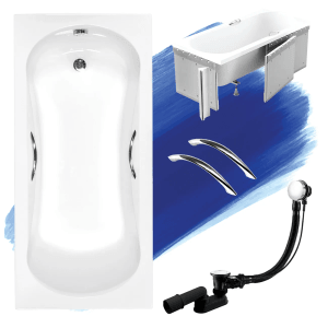 Weiße Rechteck-Badewanne ARIA PLUS 150x70 mit Chrom-Handgriffen, Styroporverkleidung, Ablauf und Füßen als Set.