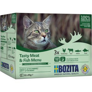 Bozita Katzen-Nassfutter Multibox Fisch & Fleisch in Gelee, 12 x 85g. Alleinfutter für Katzen.